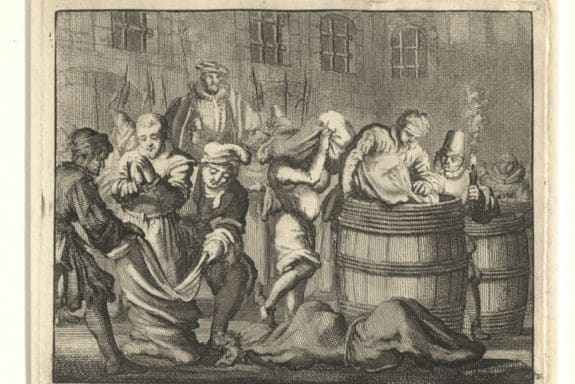 „Ertränkung der Aachener Protestanten Plovier, Jannitge und Maritge zu Antwerpen 1560“, Jan Luyken, 1685 (Copyright_Stadt Aachen)